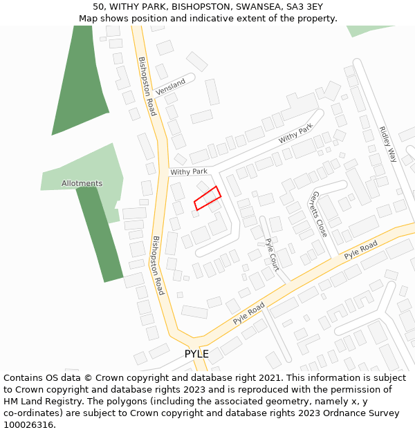 50, WITHY PARK, BISHOPSTON, SWANSEA, SA3 3EY: Location map and indicative extent of plot