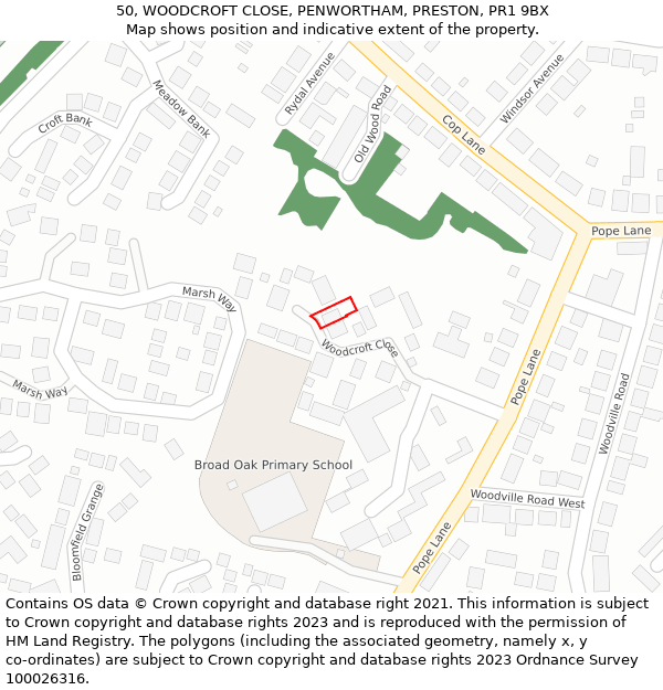 50, WOODCROFT CLOSE, PENWORTHAM, PRESTON, PR1 9BX: Location map and indicative extent of plot