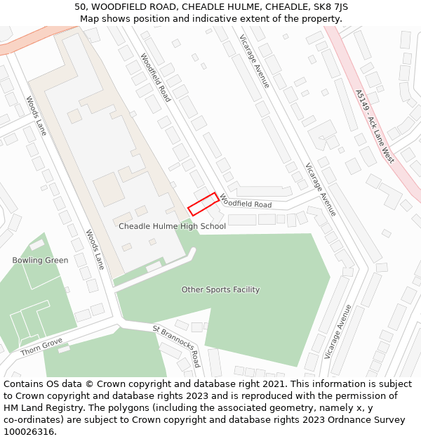 50, WOODFIELD ROAD, CHEADLE HULME, CHEADLE, SK8 7JS: Location map and indicative extent of plot