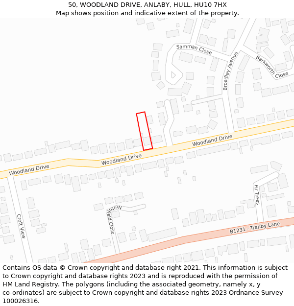 50, WOODLAND DRIVE, ANLABY, HULL, HU10 7HX: Location map and indicative extent of plot