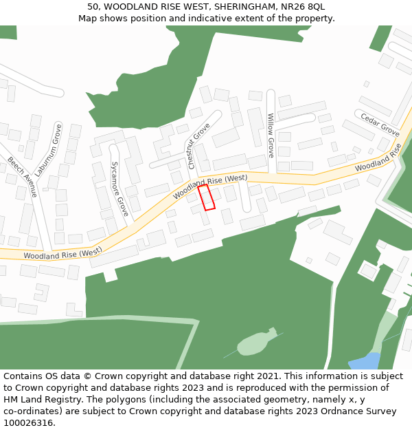 50, WOODLAND RISE WEST, SHERINGHAM, NR26 8QL: Location map and indicative extent of plot