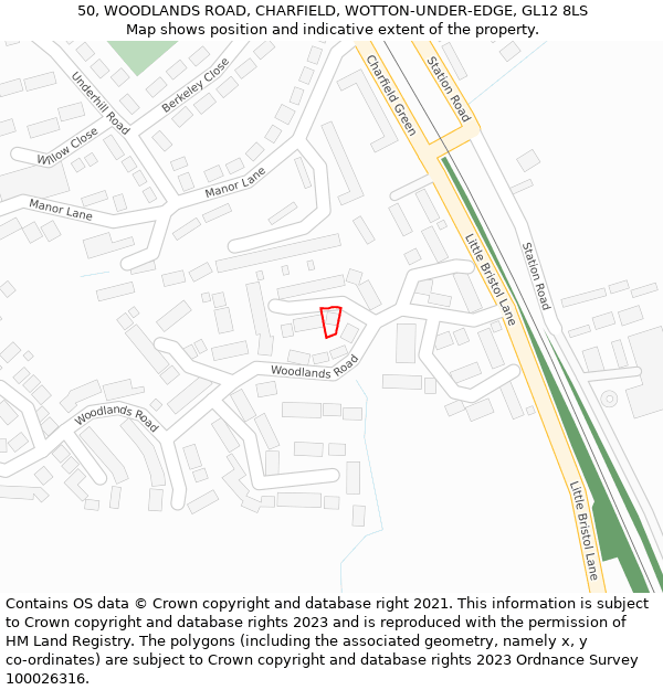 50, WOODLANDS ROAD, CHARFIELD, WOTTON-UNDER-EDGE, GL12 8LS: Location map and indicative extent of plot