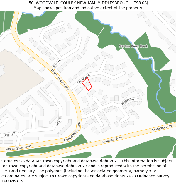 50, WOODVALE, COULBY NEWHAM, MIDDLESBROUGH, TS8 0SJ: Location map and indicative extent of plot