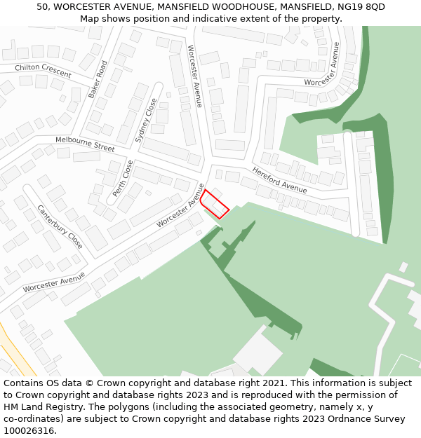 50, WORCESTER AVENUE, MANSFIELD WOODHOUSE, MANSFIELD, NG19 8QD: Location map and indicative extent of plot