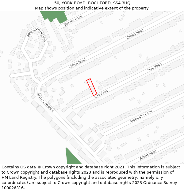 50, YORK ROAD, ROCHFORD, SS4 3HQ: Location map and indicative extent of plot