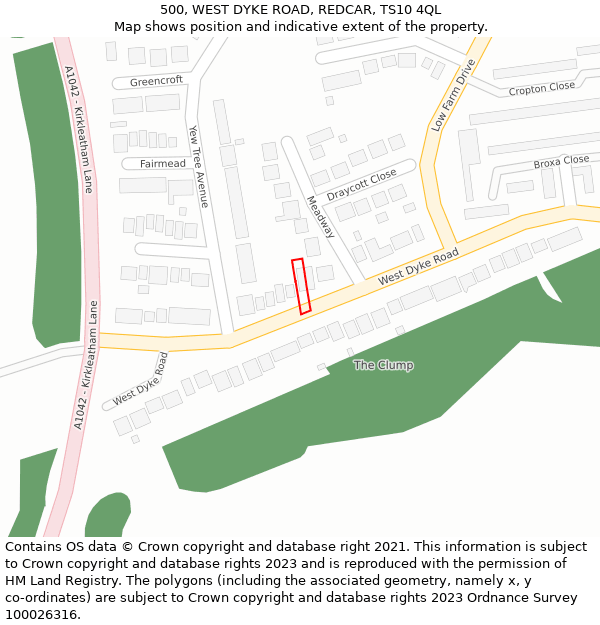 500, WEST DYKE ROAD, REDCAR, TS10 4QL: Location map and indicative extent of plot