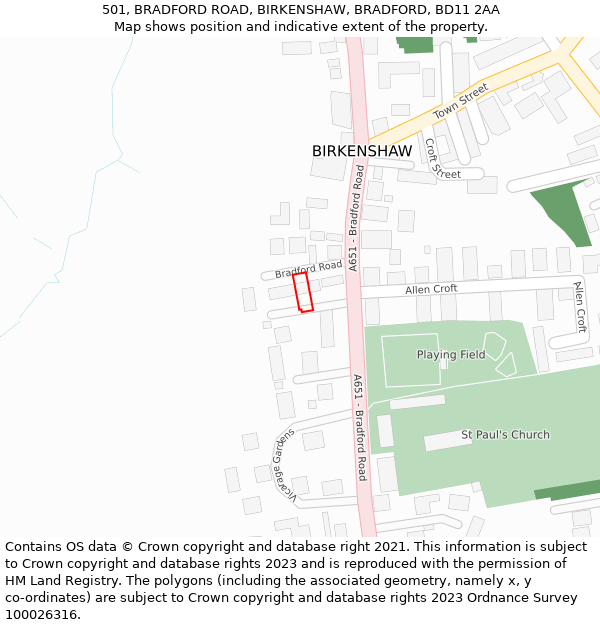 501, BRADFORD ROAD, BIRKENSHAW, BRADFORD, BD11 2AA: Location map and indicative extent of plot