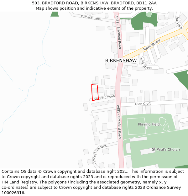 503, BRADFORD ROAD, BIRKENSHAW, BRADFORD, BD11 2AA: Location map and indicative extent of plot