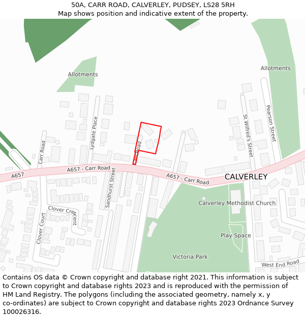 50A, CARR ROAD, CALVERLEY, PUDSEY, LS28 5RH: Location map and indicative extent of plot