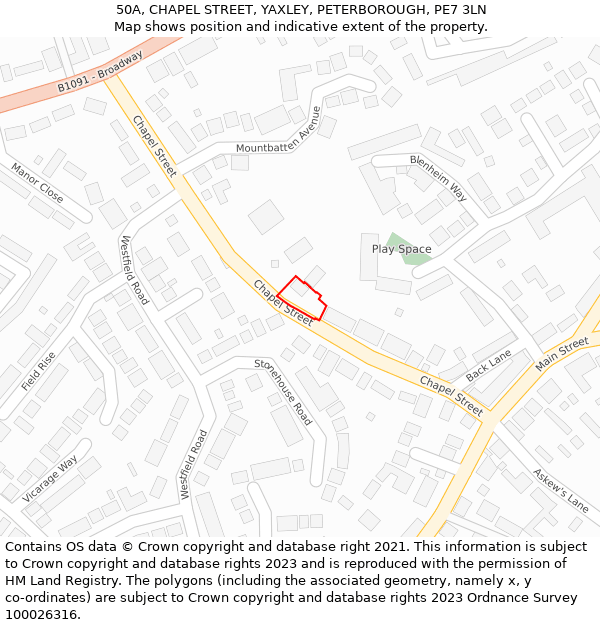 50A, CHAPEL STREET, YAXLEY, PETERBOROUGH, PE7 3LN: Location map and indicative extent of plot