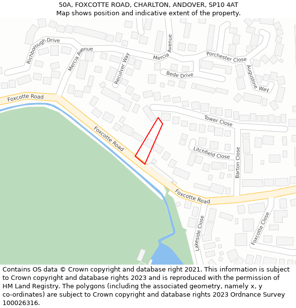 50A, FOXCOTTE ROAD, CHARLTON, ANDOVER, SP10 4AT: Location map and indicative extent of plot