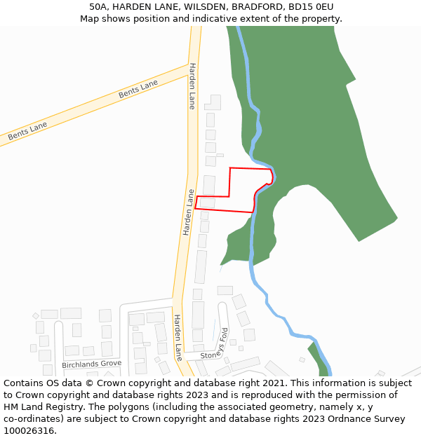 50A, HARDEN LANE, WILSDEN, BRADFORD, BD15 0EU: Location map and indicative extent of plot