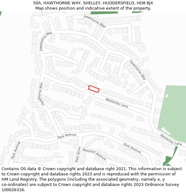 50A, HAWTHORNE WAY, SHELLEY, HUDDERSFIELD, HD8 8JX: Location map and indicative extent of plot