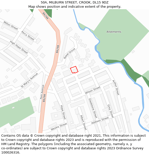 50A, MILBURN STREET, CROOK, DL15 9DZ: Location map and indicative extent of plot