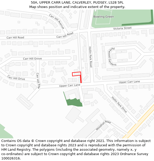 50A, UPPER CARR LANE, CALVERLEY, PUDSEY, LS28 5PL: Location map and indicative extent of plot