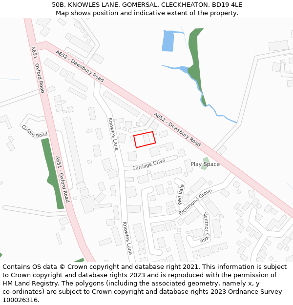 50B, KNOWLES LANE, GOMERSAL, CLECKHEATON, BD19 4LE: Location map and indicative extent of plot