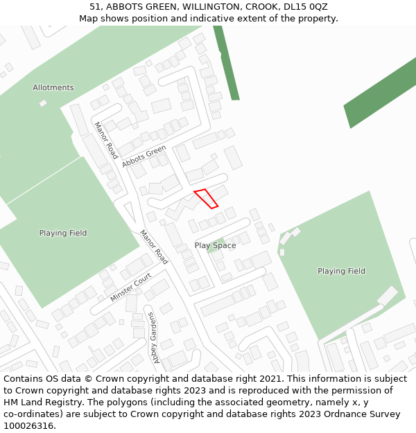 51, ABBOTS GREEN, WILLINGTON, CROOK, DL15 0QZ: Location map and indicative extent of plot