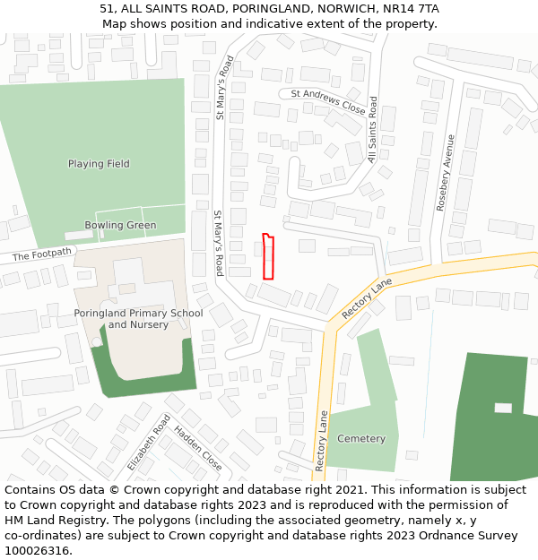 51, ALL SAINTS ROAD, PORINGLAND, NORWICH, NR14 7TA: Location map and indicative extent of plot