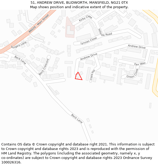 51, ANDREW DRIVE, BLIDWORTH, MANSFIELD, NG21 0TX: Location map and indicative extent of plot