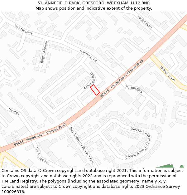 51, ANNEFIELD PARK, GRESFORD, WREXHAM, LL12 8NR: Location map and indicative extent of plot