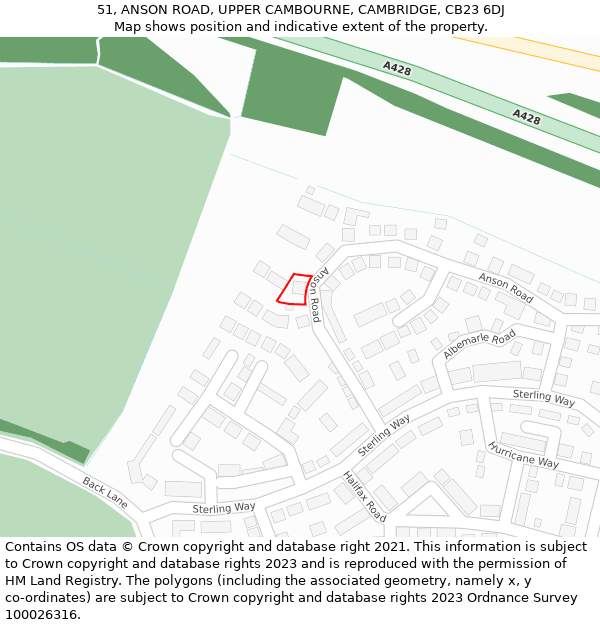 51, ANSON ROAD, UPPER CAMBOURNE, CAMBRIDGE, CB23 6DJ: Location map and indicative extent of plot