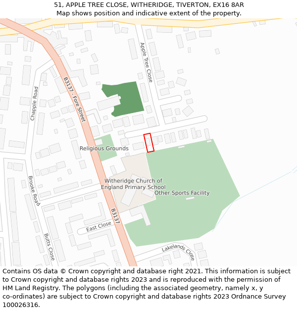 51, APPLE TREE CLOSE, WITHERIDGE, TIVERTON, EX16 8AR: Location map and indicative extent of plot