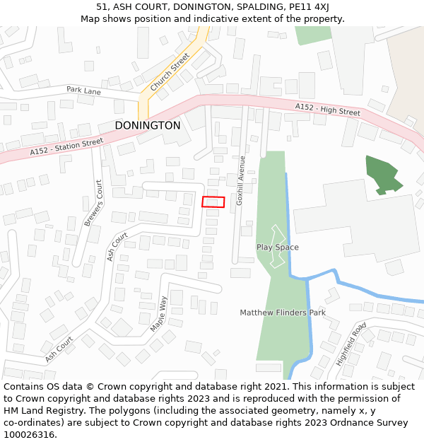 51, ASH COURT, DONINGTON, SPALDING, PE11 4XJ: Location map and indicative extent of plot