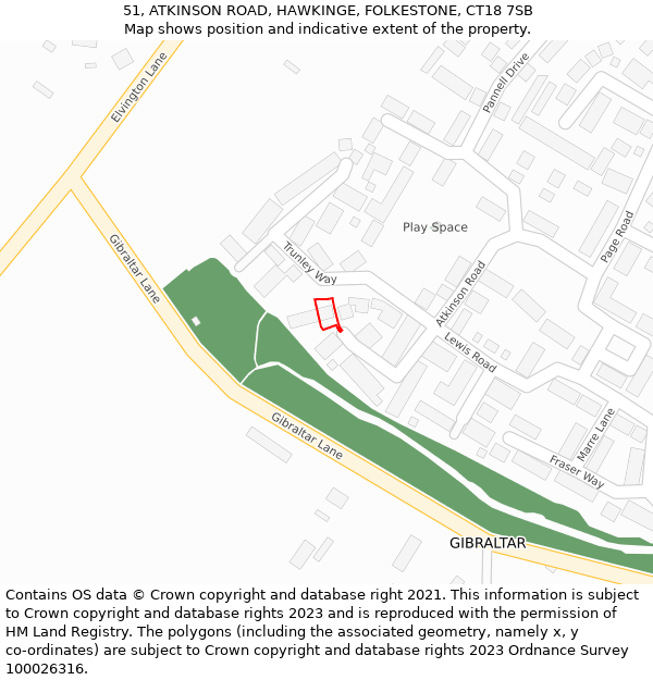 51, ATKINSON ROAD, HAWKINGE, FOLKESTONE, CT18 7SB: Location map and indicative extent of plot