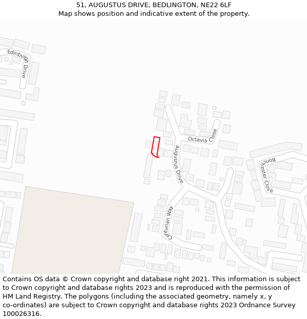 51, AUGUSTUS DRIVE, BEDLINGTON, NE22 6LF: Location map and indicative extent of plot