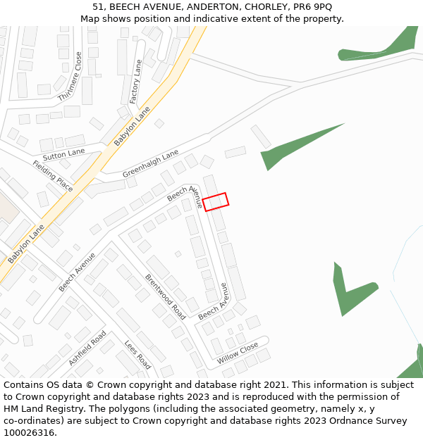 51, BEECH AVENUE, ANDERTON, CHORLEY, PR6 9PQ: Location map and indicative extent of plot