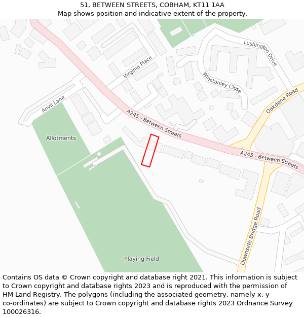 51, BETWEEN STREETS, COBHAM, KT11 1AA: Location map and indicative extent of plot