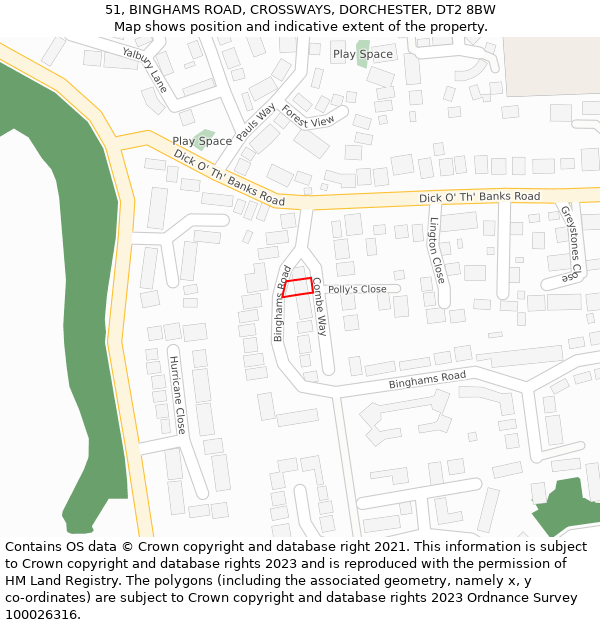 51, BINGHAMS ROAD, CROSSWAYS, DORCHESTER, DT2 8BW: Location map and indicative extent of plot