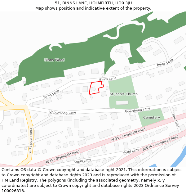 51, BINNS LANE, HOLMFIRTH, HD9 3JU: Location map and indicative extent of plot
