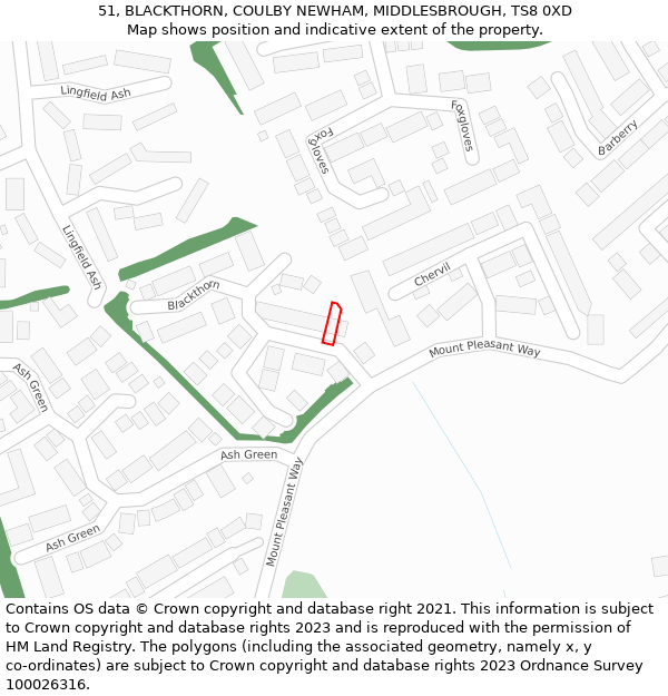 51, BLACKTHORN, COULBY NEWHAM, MIDDLESBROUGH, TS8 0XD: Location map and indicative extent of plot