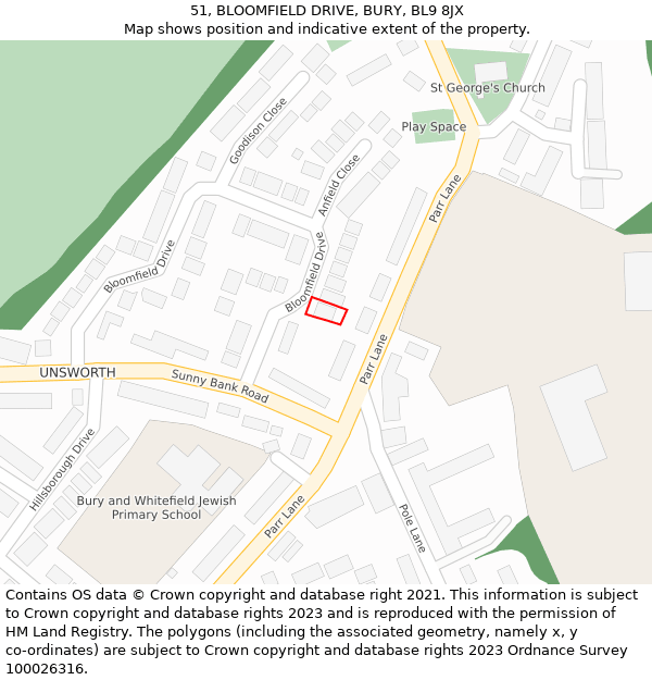 51, BLOOMFIELD DRIVE, BURY, BL9 8JX: Location map and indicative extent of plot