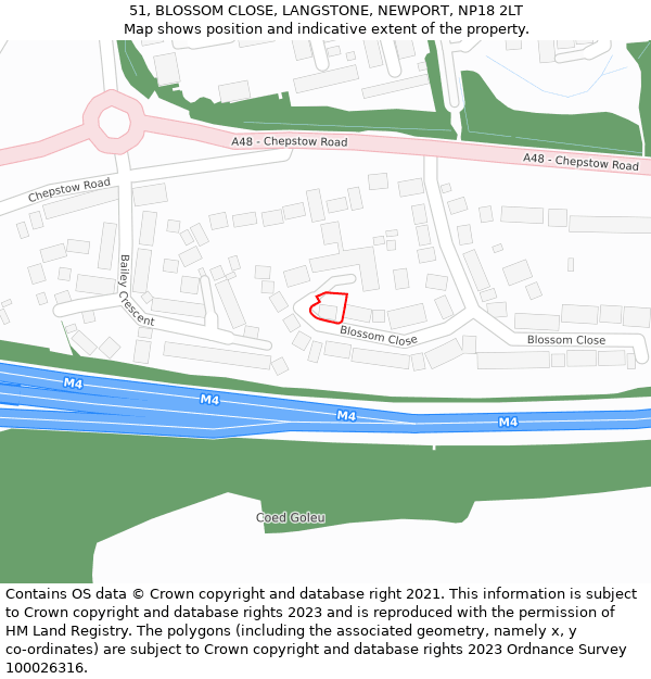 51, BLOSSOM CLOSE, LANGSTONE, NEWPORT, NP18 2LT: Location map and indicative extent of plot