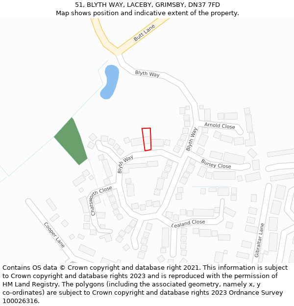 51, BLYTH WAY, LACEBY, GRIMSBY, DN37 7FD: Location map and indicative extent of plot