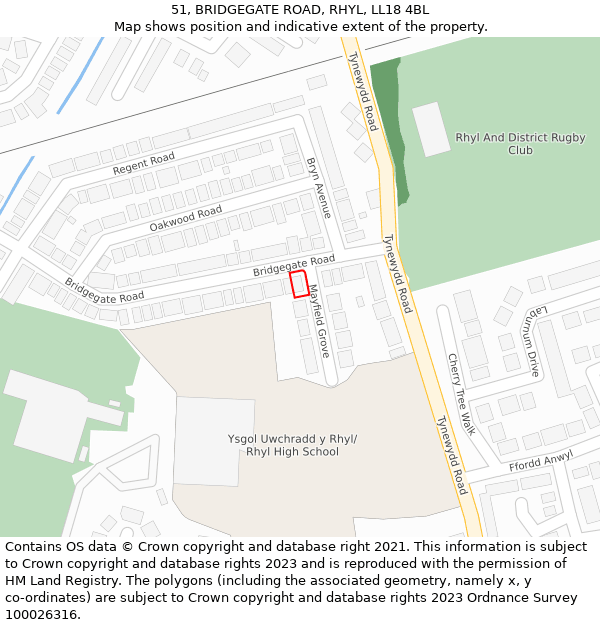 51, BRIDGEGATE ROAD, RHYL, LL18 4BL: Location map and indicative extent of plot