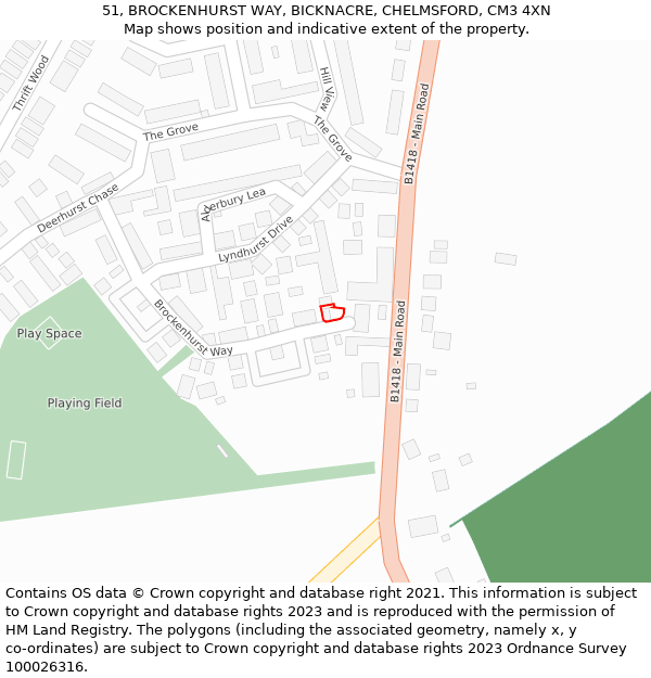 51, BROCKENHURST WAY, BICKNACRE, CHELMSFORD, CM3 4XN: Location map and indicative extent of plot