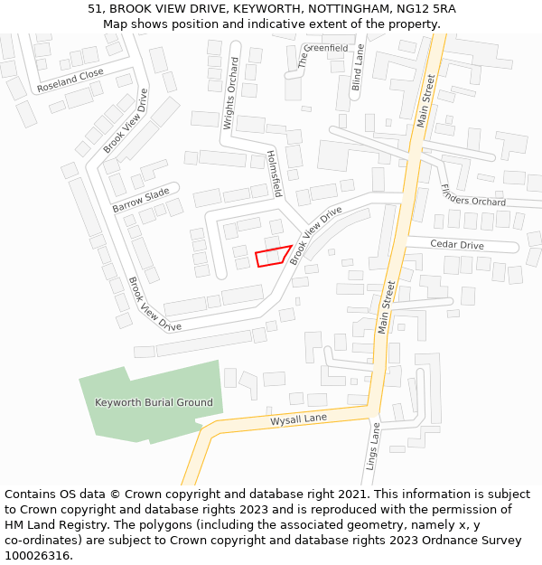 51, BROOK VIEW DRIVE, KEYWORTH, NOTTINGHAM, NG12 5RA: Location map and indicative extent of plot