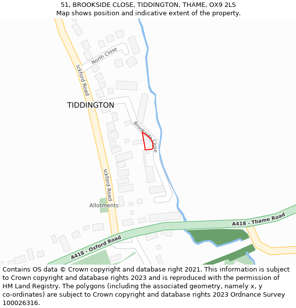 51, BROOKSIDE CLOSE, TIDDINGTON, THAME, OX9 2LS: Location map and indicative extent of plot