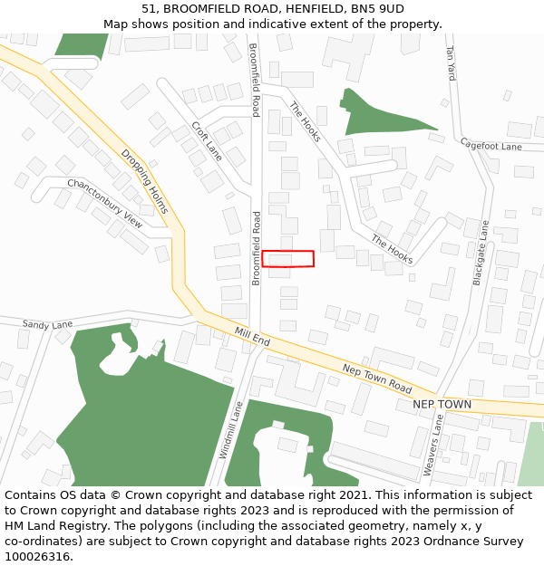 51, BROOMFIELD ROAD, HENFIELD, BN5 9UD: Location map and indicative extent of plot