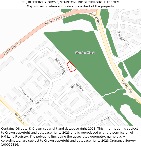 51, BUTTERCUP GROVE, STAINTON, MIDDLESBROUGH, TS8 9FG: Location map and indicative extent of plot