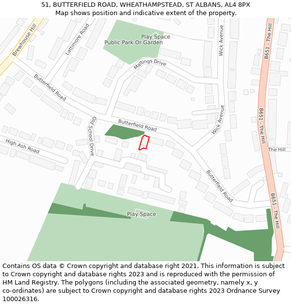 51, BUTTERFIELD ROAD, WHEATHAMPSTEAD, ST ALBANS, AL4 8PX: Location map and indicative extent of plot