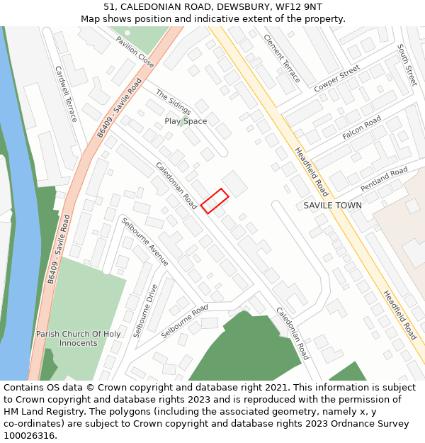 51, CALEDONIAN ROAD, DEWSBURY, WF12 9NT: Location map and indicative extent of plot