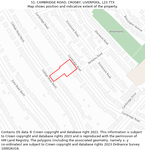 51, CAMBRIDGE ROAD, CROSBY, LIVERPOOL, L23 7TX: Location map and indicative extent of plot
