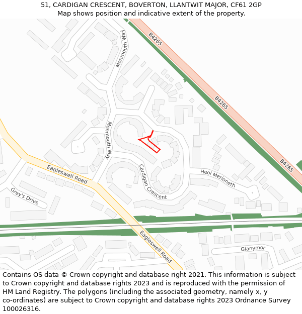 51, CARDIGAN CRESCENT, BOVERTON, LLANTWIT MAJOR, CF61 2GP: Location map and indicative extent of plot