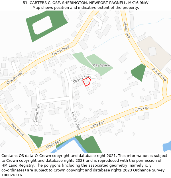 51, CARTERS CLOSE, SHERINGTON, NEWPORT PAGNELL, MK16 9NW: Location map and indicative extent of plot