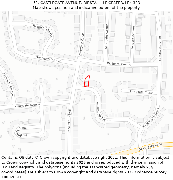 51, CASTLEGATE AVENUE, BIRSTALL, LEICESTER, LE4 3FD: Location map and indicative extent of plot