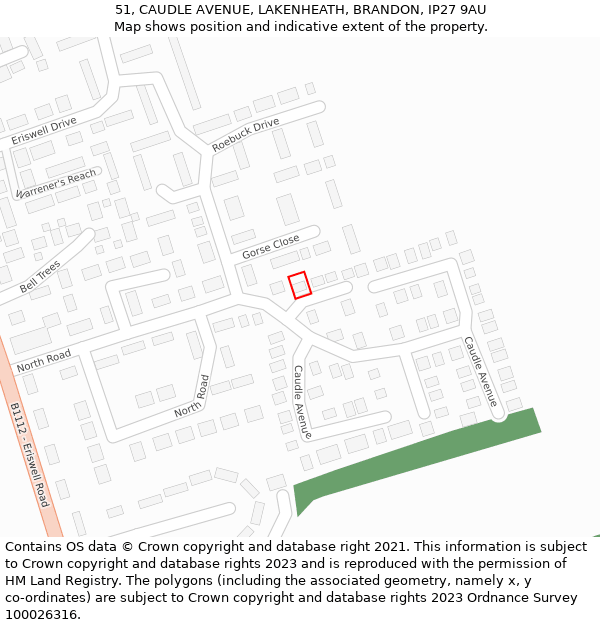 51, CAUDLE AVENUE, LAKENHEATH, BRANDON, IP27 9AU: Location map and indicative extent of plot